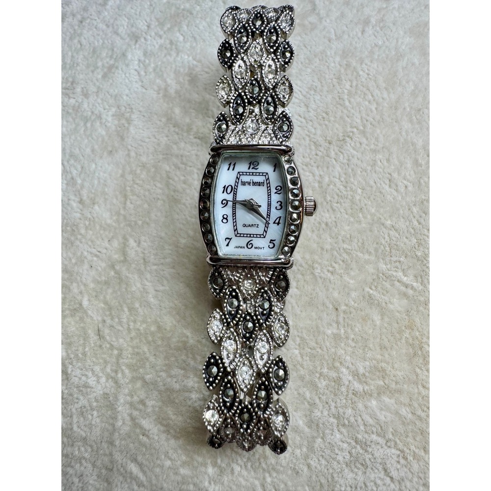Harve Benard HV566L Silver Tone Marcasite Style Crystal Expansion Watch MOP Dial